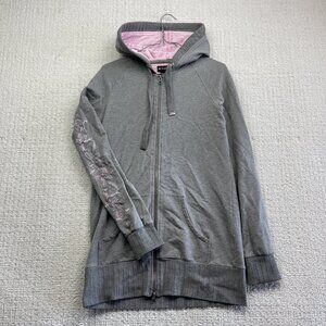 Y2K Oakley Full Zip Hoodie Wom MGrey / Pink Flower Sleeve AOP Boho Hooded Strech